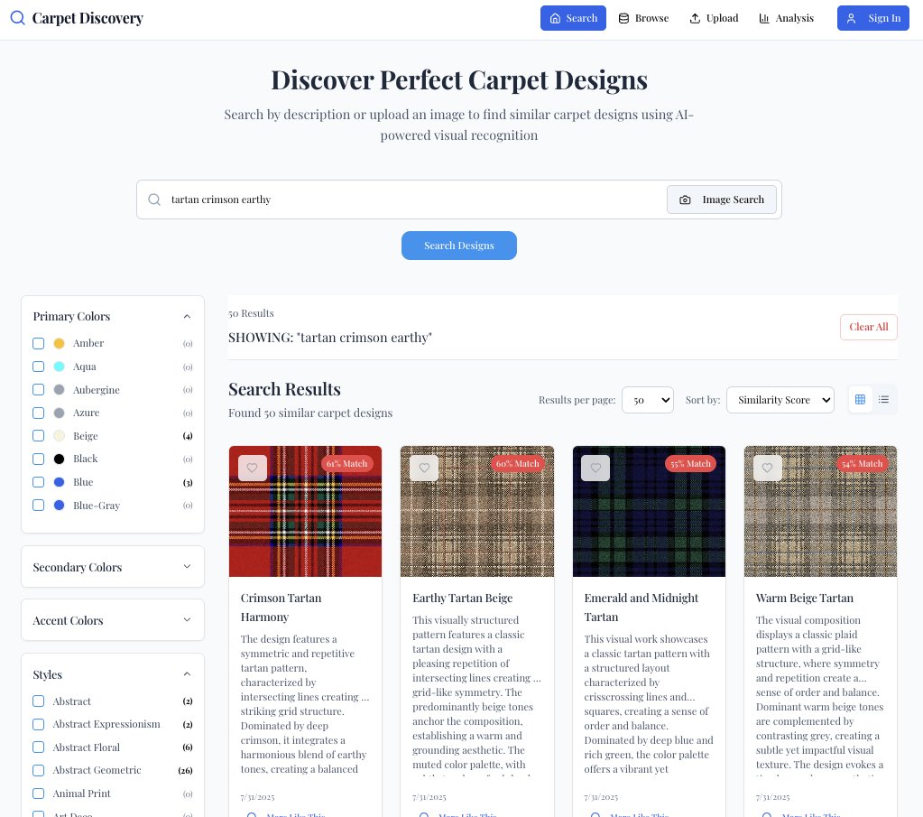 Search results for a written brief across a carpet design library